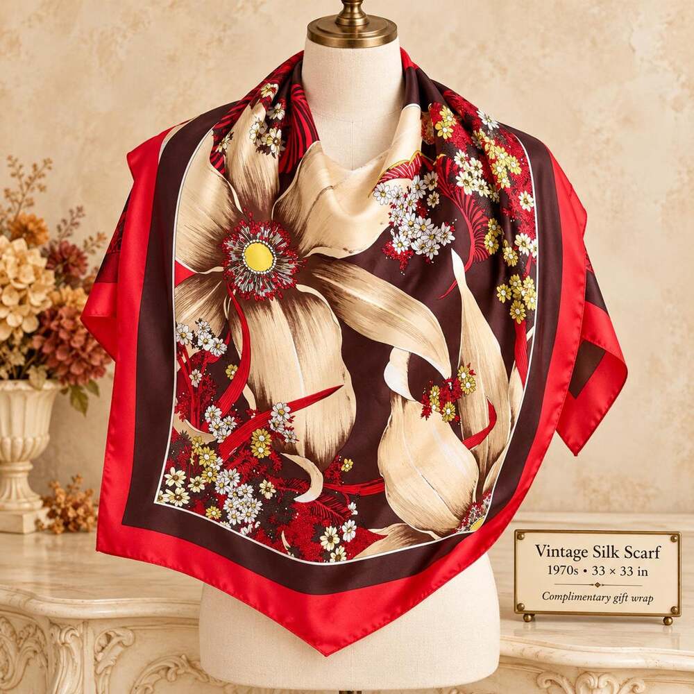 Vintage Silk Scarf 1970s Oversized Floral Fall Brown Red Cream 33x33